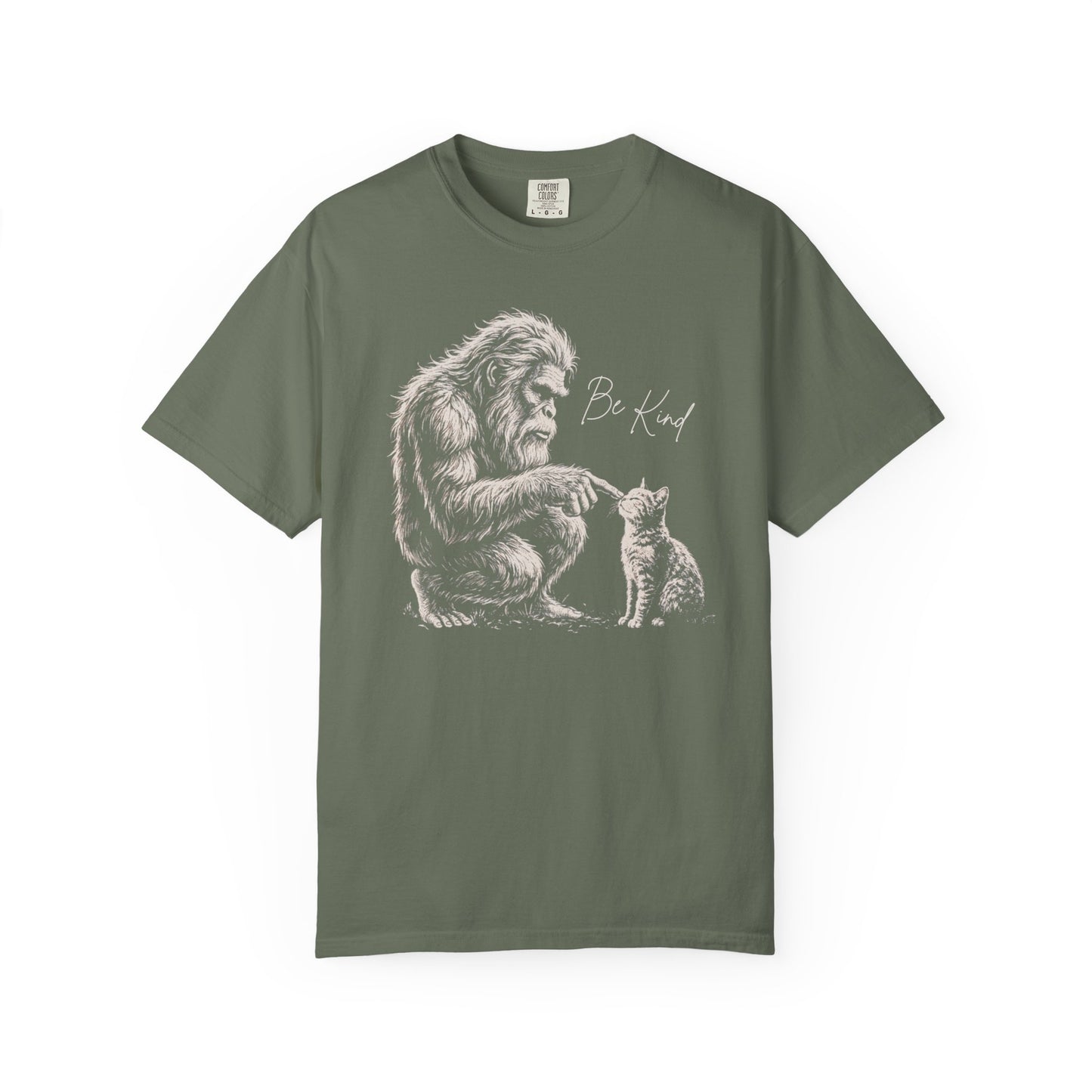 Be Kind Bigfoot & Kitten T-Shirt in Moss— Sasquatch graphic tee for cat lovers