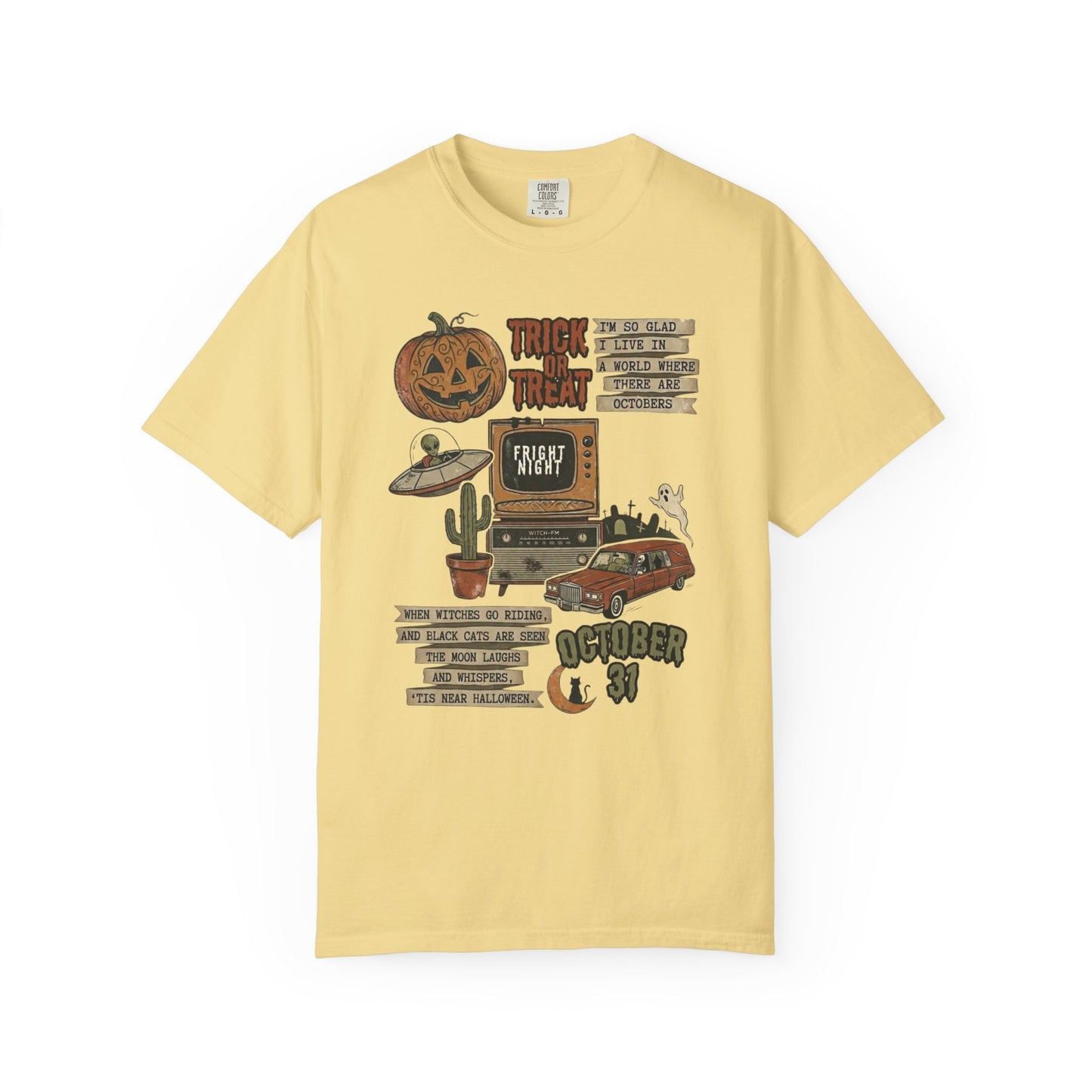 Halloween Retro Graphic T-Shirt in Butter— vintage trick or treat collage tee, garment dyed