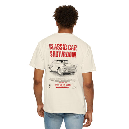 Classic Car Showroom Graphic T-Shirt — 'Old Boy Toy' Vintage Car Tee