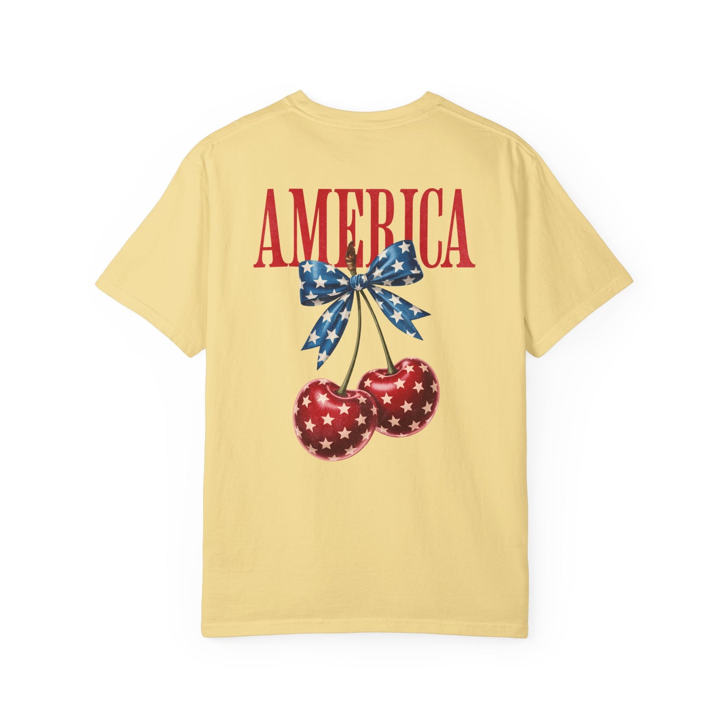 banana t-shirt with 'AMERICA' text and cherry design on a white background