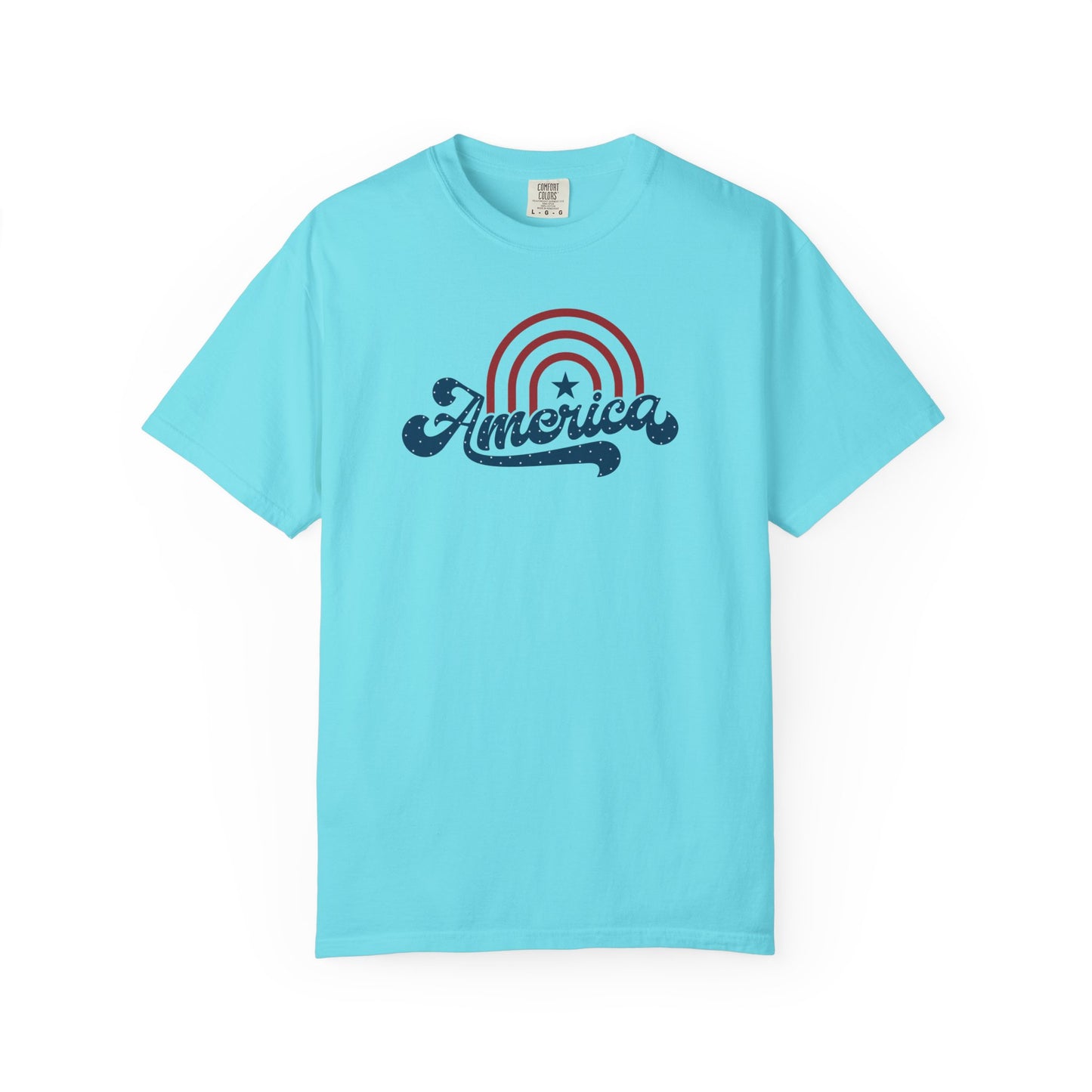 lagoon blue t-shirt with 'America' graphic design on a white background