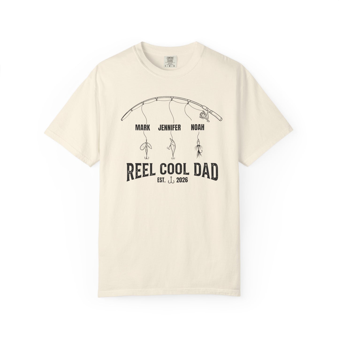 ivory t-shirt with fishing reel cool dad graphic and text on a white background
