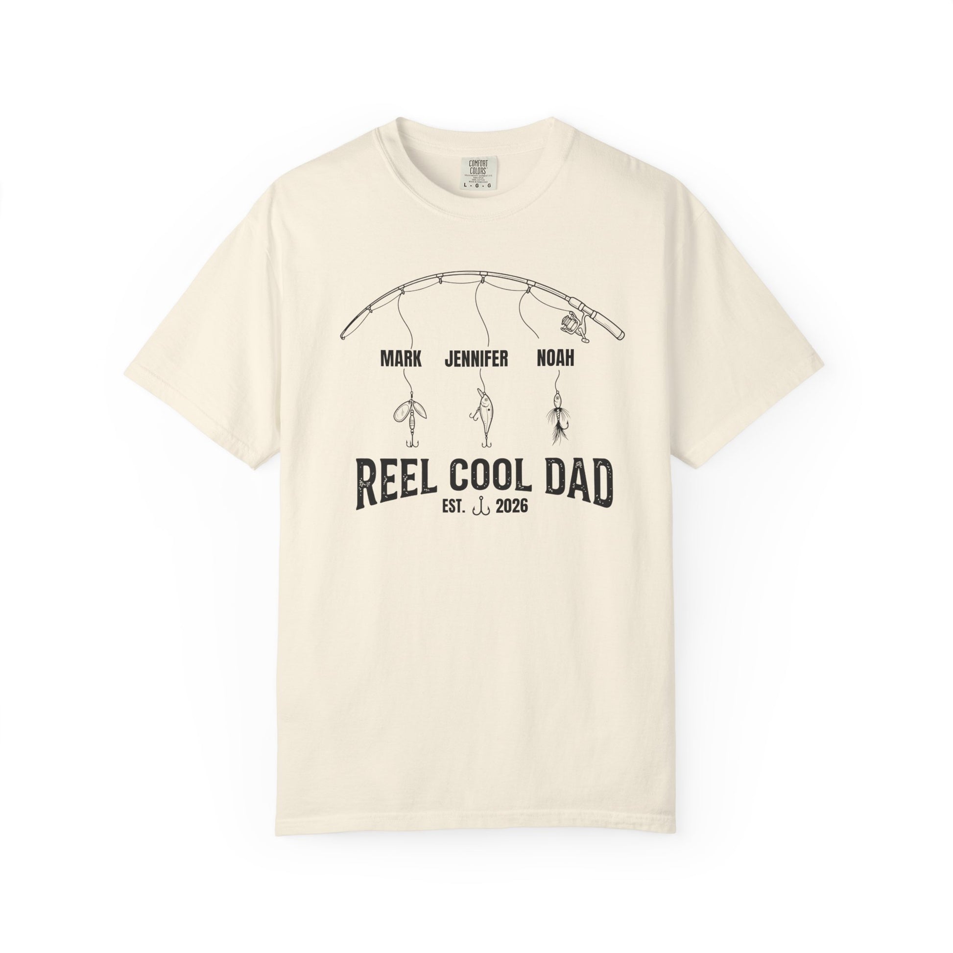 ivory t-shirt with fishing reel cool dad graphic and text on a white background
