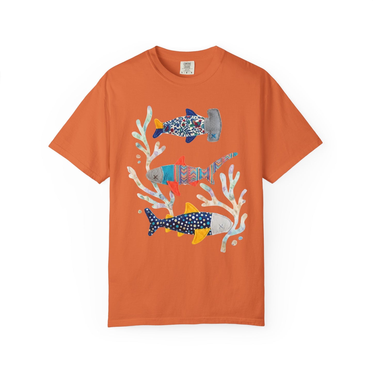 Faux patterned sharks graphic tee in Burnt Orange showing three faux patterned sharks on garment-dyed cotton — color mockup