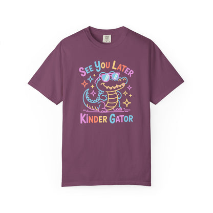 berry t-shirt with colorful graphic and text 'See You Later Kinder Gator' on a white background