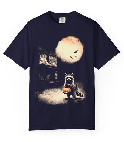 Halloween raccoon trick-or-treat graphic tee in true Navy — garment-dyed Comfort Colors 1717 heavyweight shirt