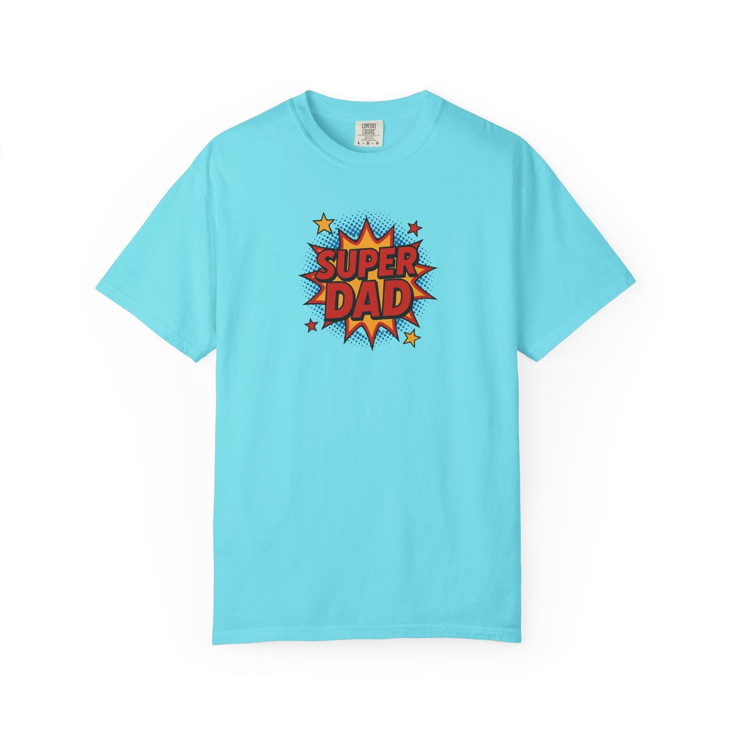 Super Dad comic graphic t-shirt in lagoon blue — bold SUPER DAD burst graphic, Comfort Colors 1717

