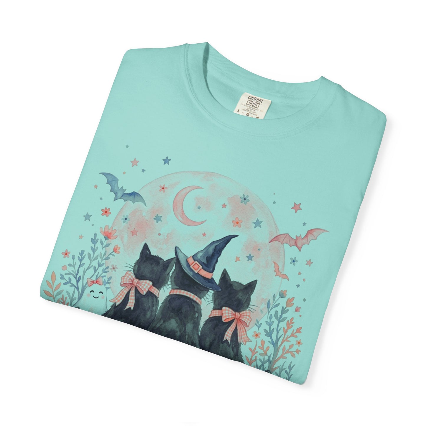 Witchy Black Cats Pumpkin Tee in Chalky Mint— watercolor Halloween cat shirt with witch hat, blush moon, pumpkins & roses