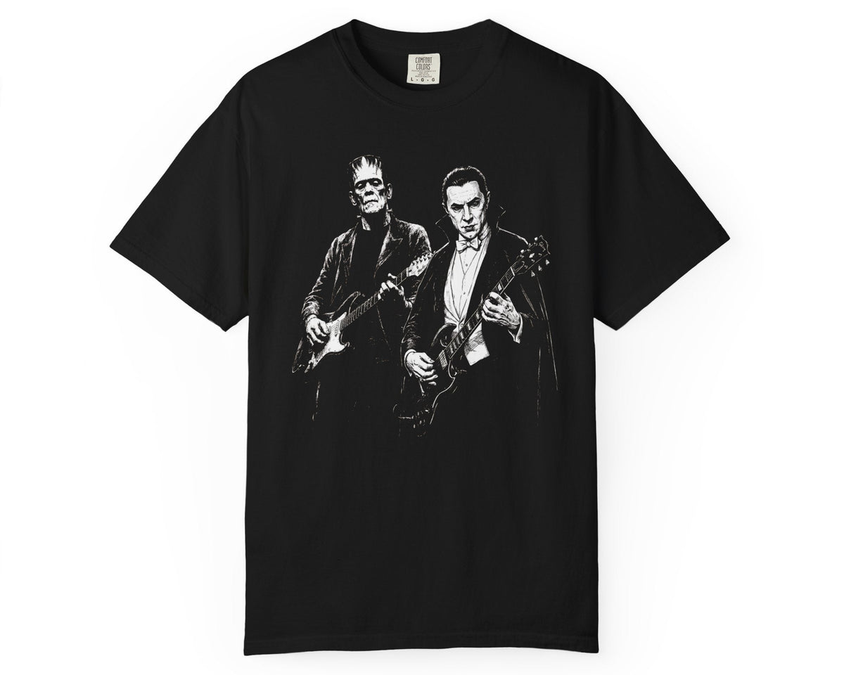 Black garment-dyed Frankenstein and Dracula guitar tee with retro Halloween rock band graphic 
