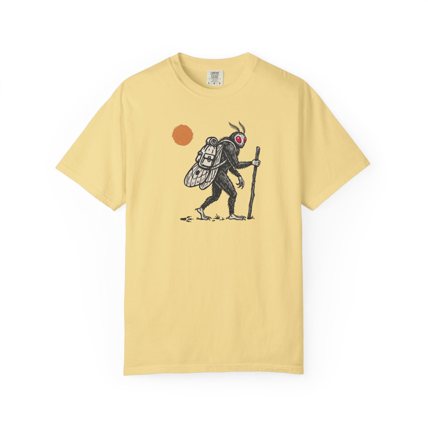 Mothman Traveler Graphic T-Shirt in Butter— backpacking cryptid tee with sun