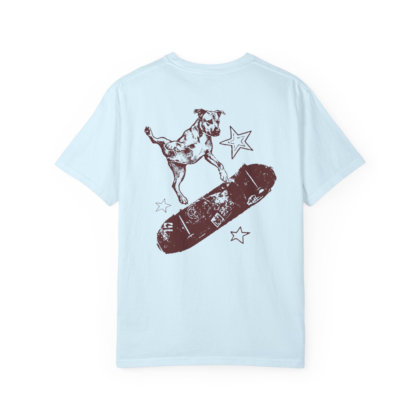 chambray t-shirt with a graphic of a dog on a skateboard and stars on a white background