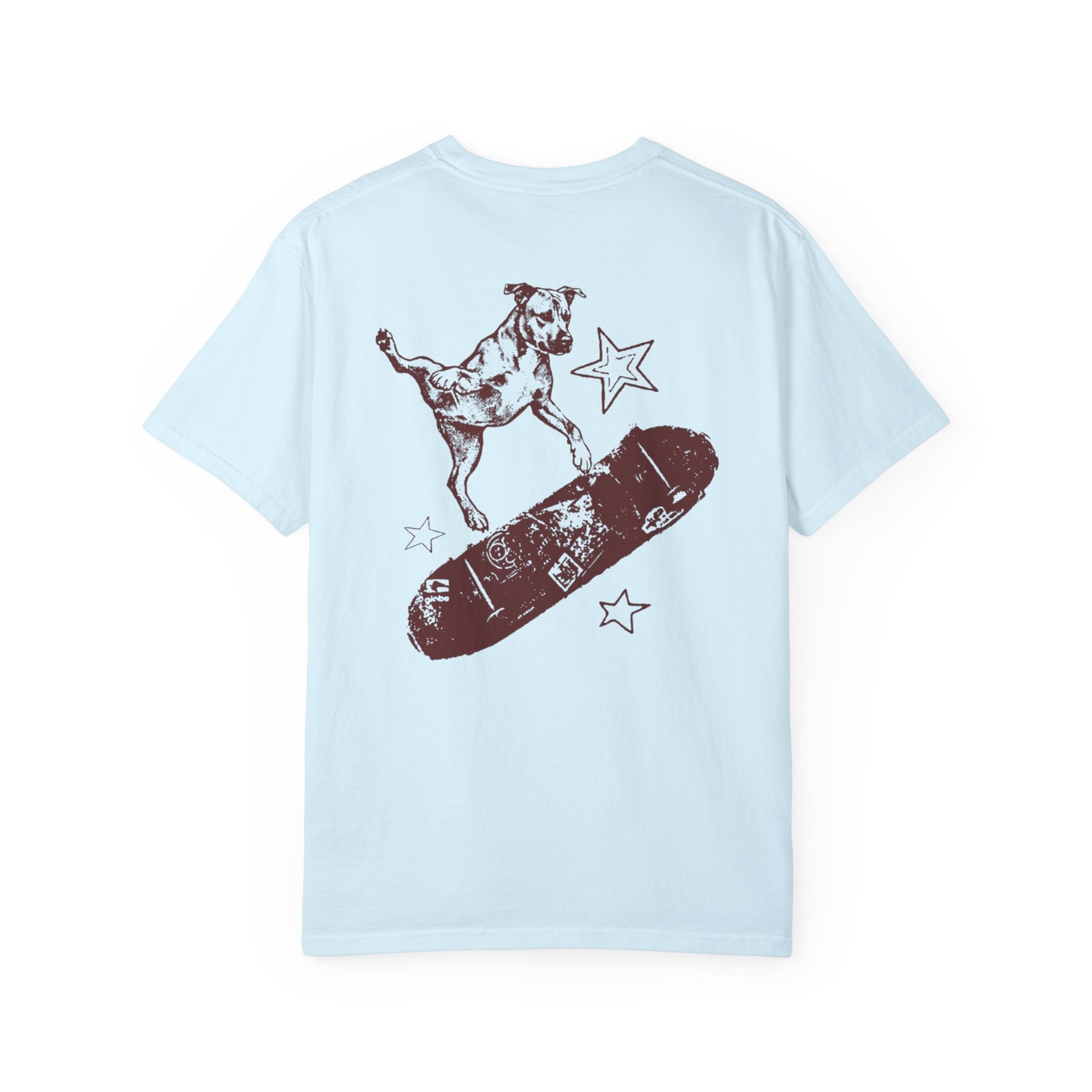 chambray t-shirt with a graphic of a dog on a skateboard and stars on a white background
