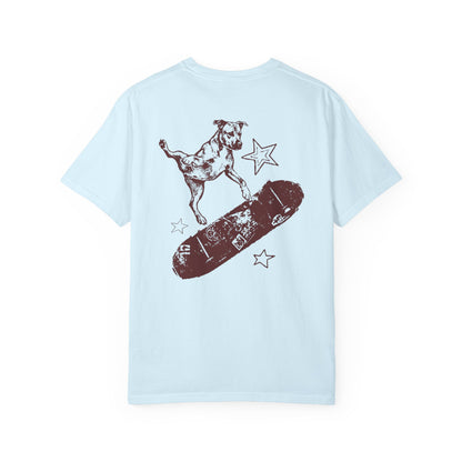 chambray t-shirt with a graphic of a dog on a skateboard and stars on a white background