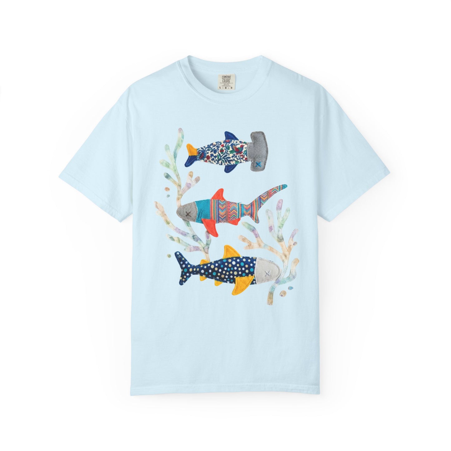 Faux patterned sharks graphic tee in Chambray showing the hand-painted shark illustration with tidepool textures — color mockup