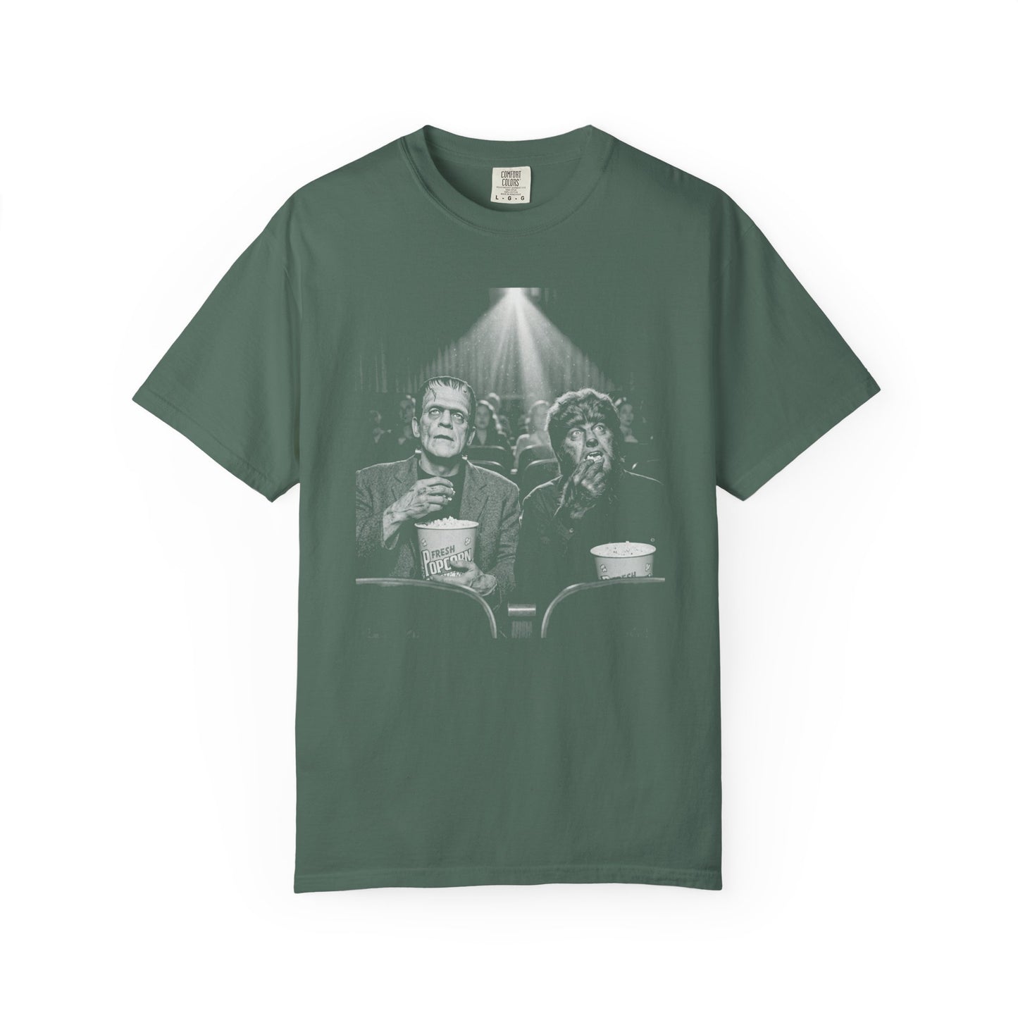 Frankenstein & Wolf Man Scary Movie Night T-Shirt in Blue Spruce — garment-dyed horror movie tee
