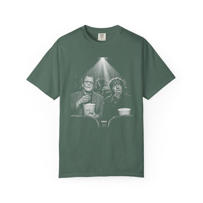 Frankenstein & Wolf Man Scary Movie Night T-Shirt in Blue Spruce — garment-dyed horror movie tee
