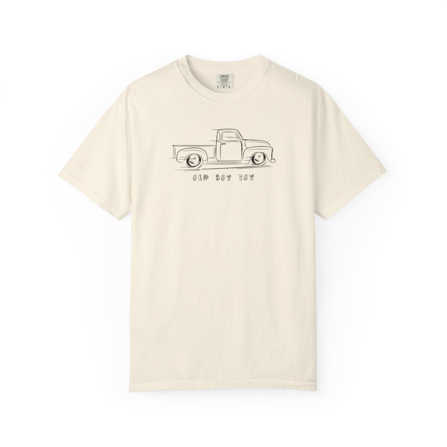 ivory t-shirt with graphic of a vintage truck text  says old boy toy on a white background