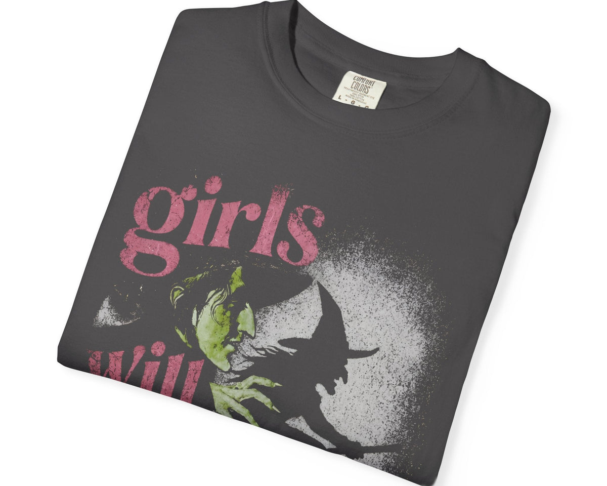 Girls Will Be Girls vintage witch graphic t-shirt in graphite garment-dyed ring-spun cotton