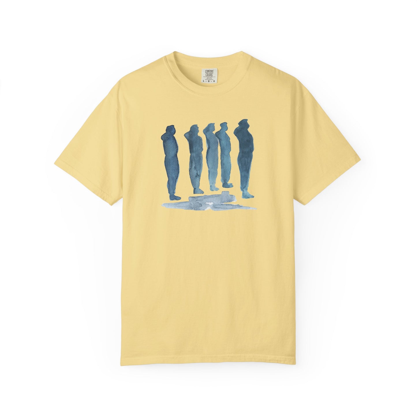 banana color t-shirt with blue graphic design  of soldiers and a flag on front and back 