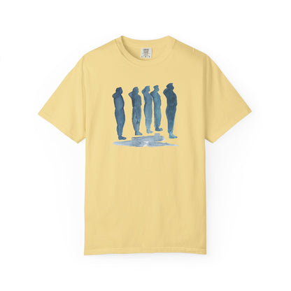 banana color t-shirt with blue graphic design  of soldiers and a flag on front and back 