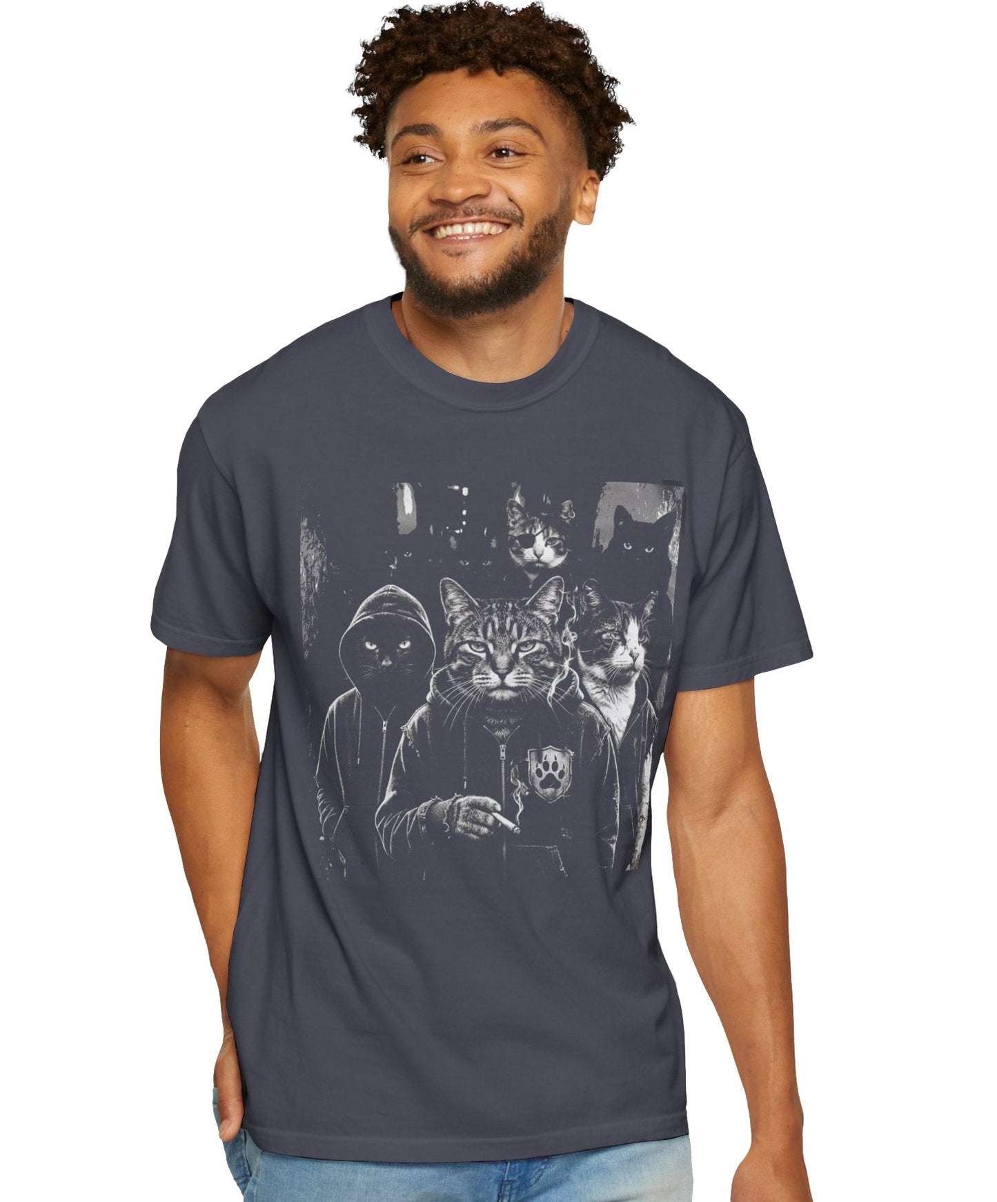 Man wearing garment-dyed Navy Cat Gang graphic tee with moody cat mob streetwear print — oversized relaxed fit