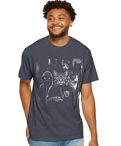 Man wearing garment-dyed Navy Cat Gang graphic tee with moody cat mob streetwear print — oversized relaxed fit