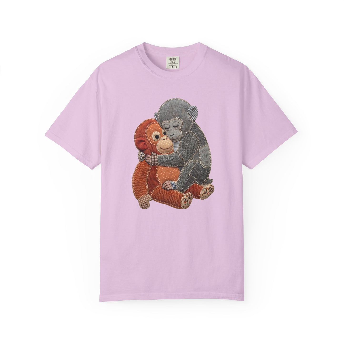 orchid t-shirt with cartoon monkeys design on a white background
