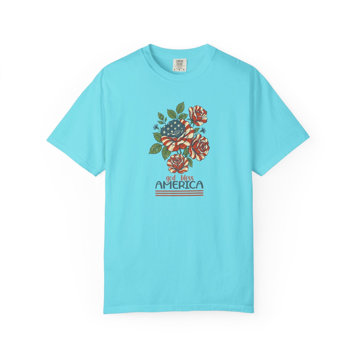 Lagoon Blue garment-dyed t-shirt with patriotic floral God Bless America graphic on chest