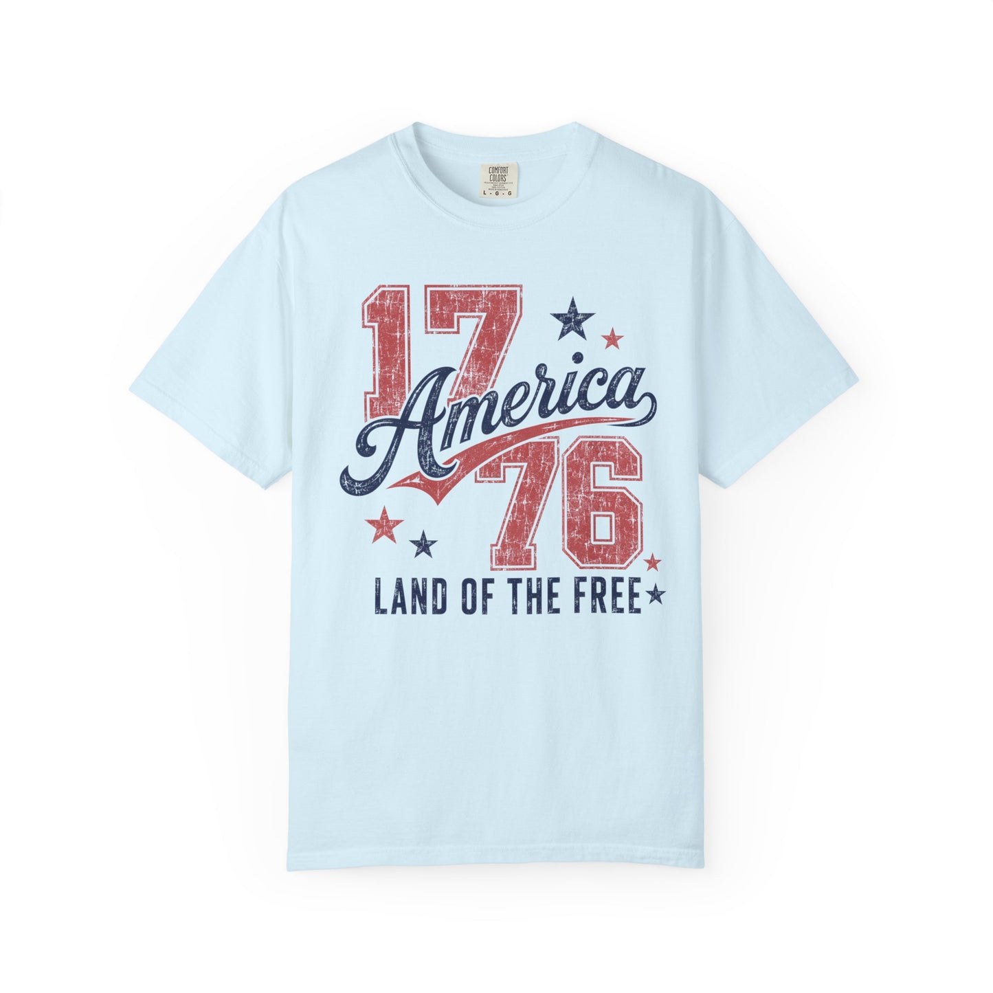 chambray t-shirt with '17 America 76 Land of the Free' text design on a white background