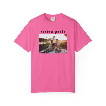 neon Pink t-shirt with a printed photo of a family by a lake on a white background
