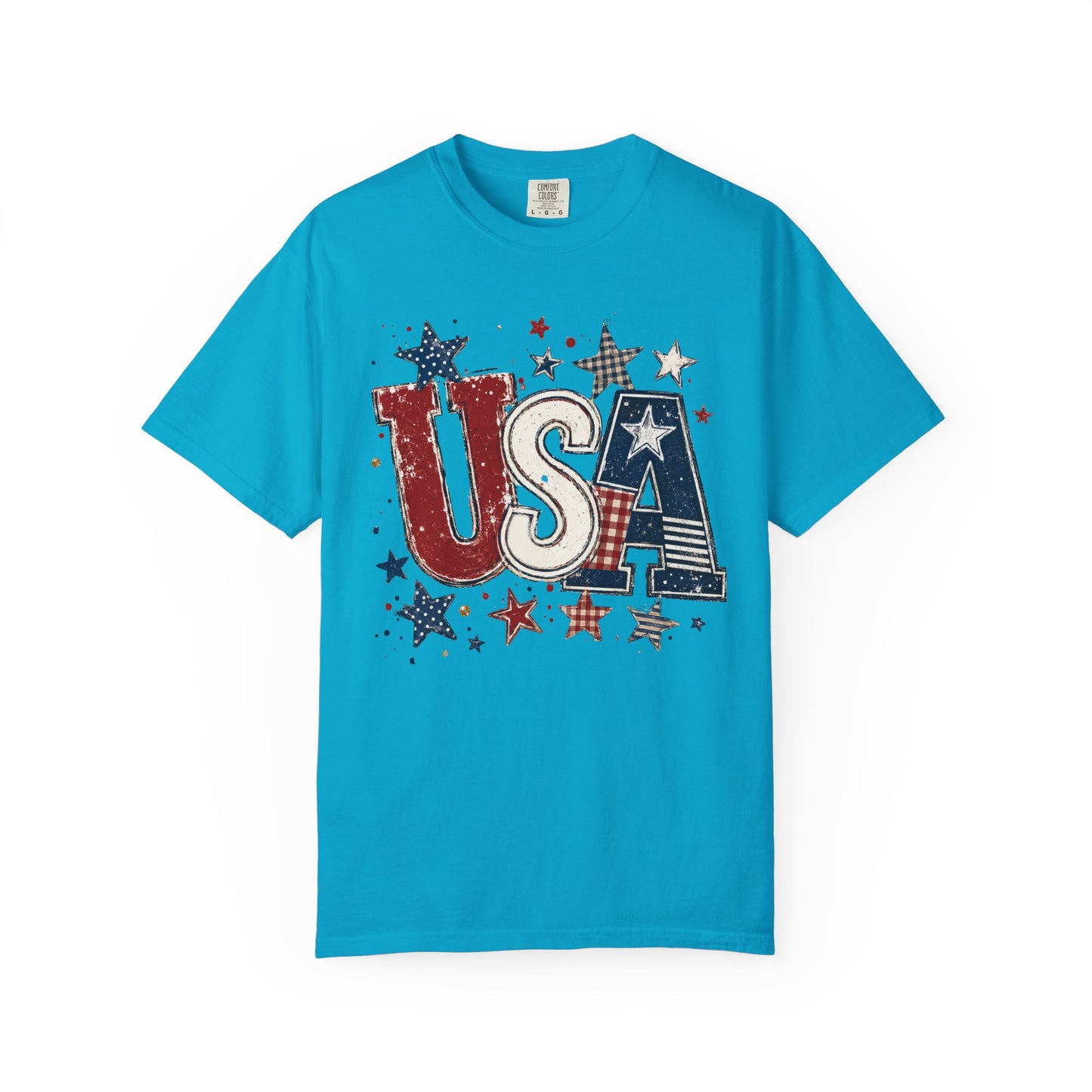 USA Patriotic graphic t-shirt  in lagoon blue— garment-dyed unisex tee with distressed stars and stripes


