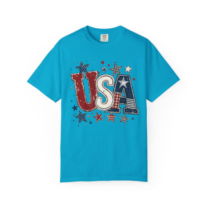 USA Patriotic graphic t-shirt  in lagoon blue— garment-dyed unisex tee with distressed stars and stripes

