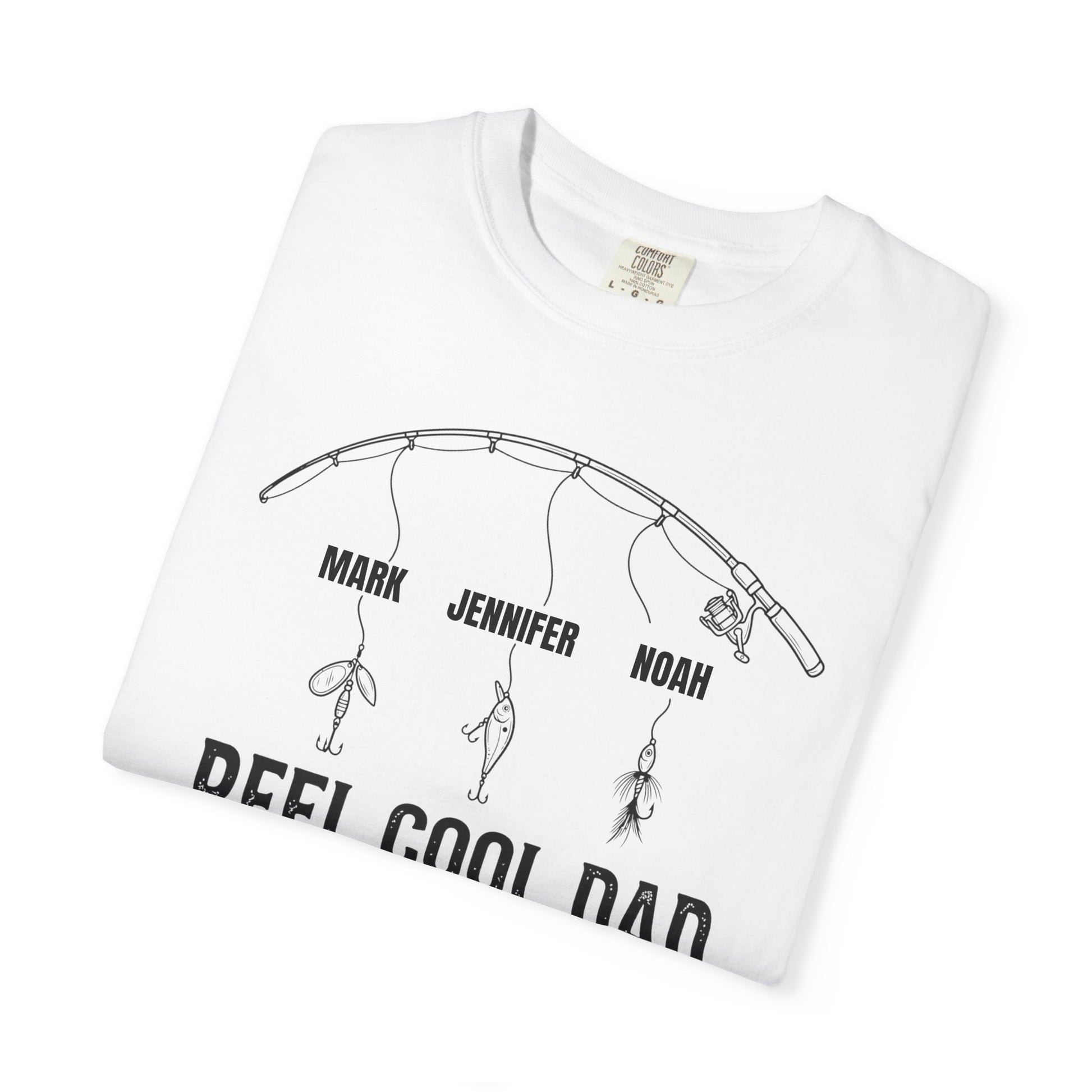 White t-shirt with fishing graphic and text on a white background
