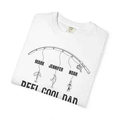 White t-shirt with fishing graphic and text on a white background
