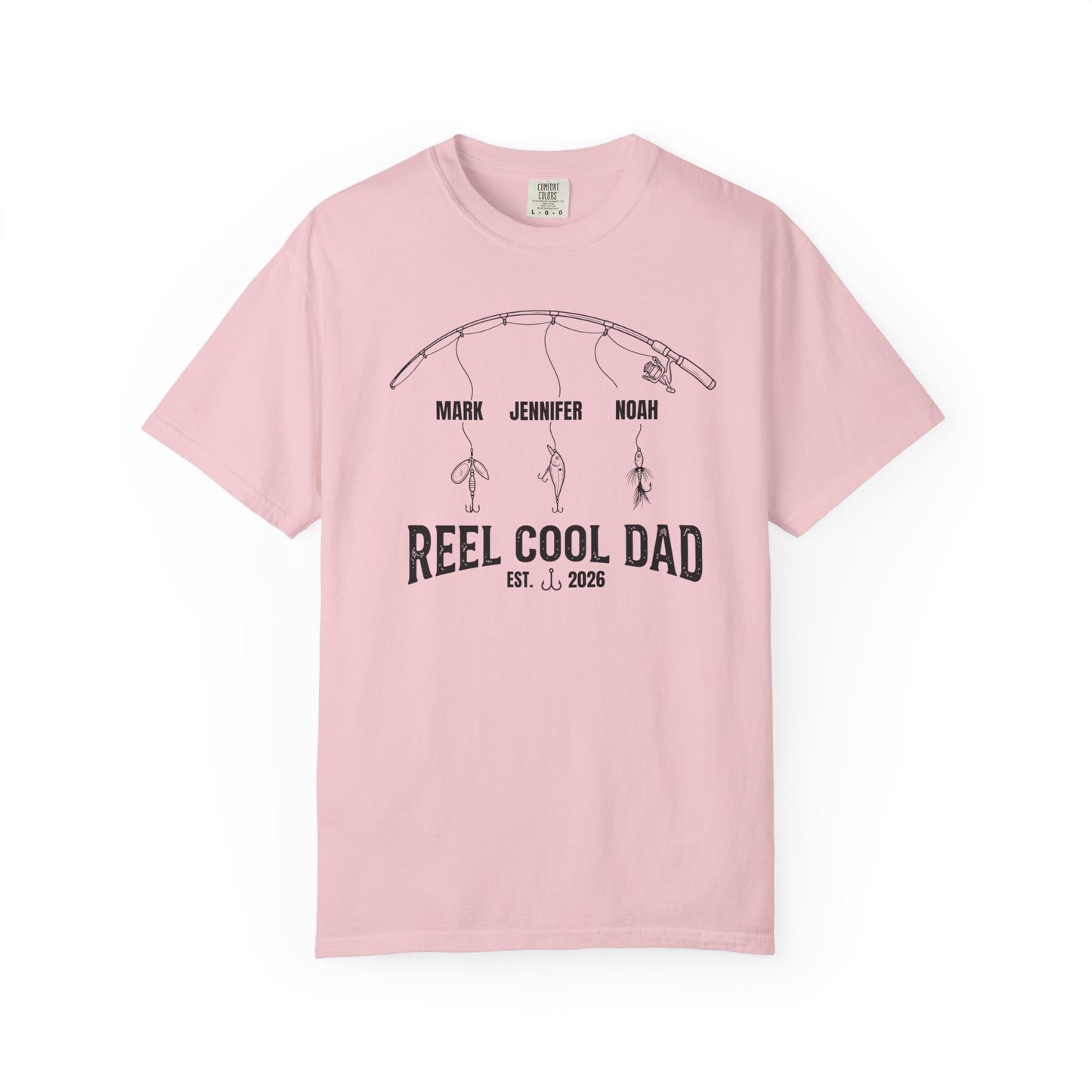 Blossom t-shirt with 'Reel Cool Dad' graphic and names on a white background