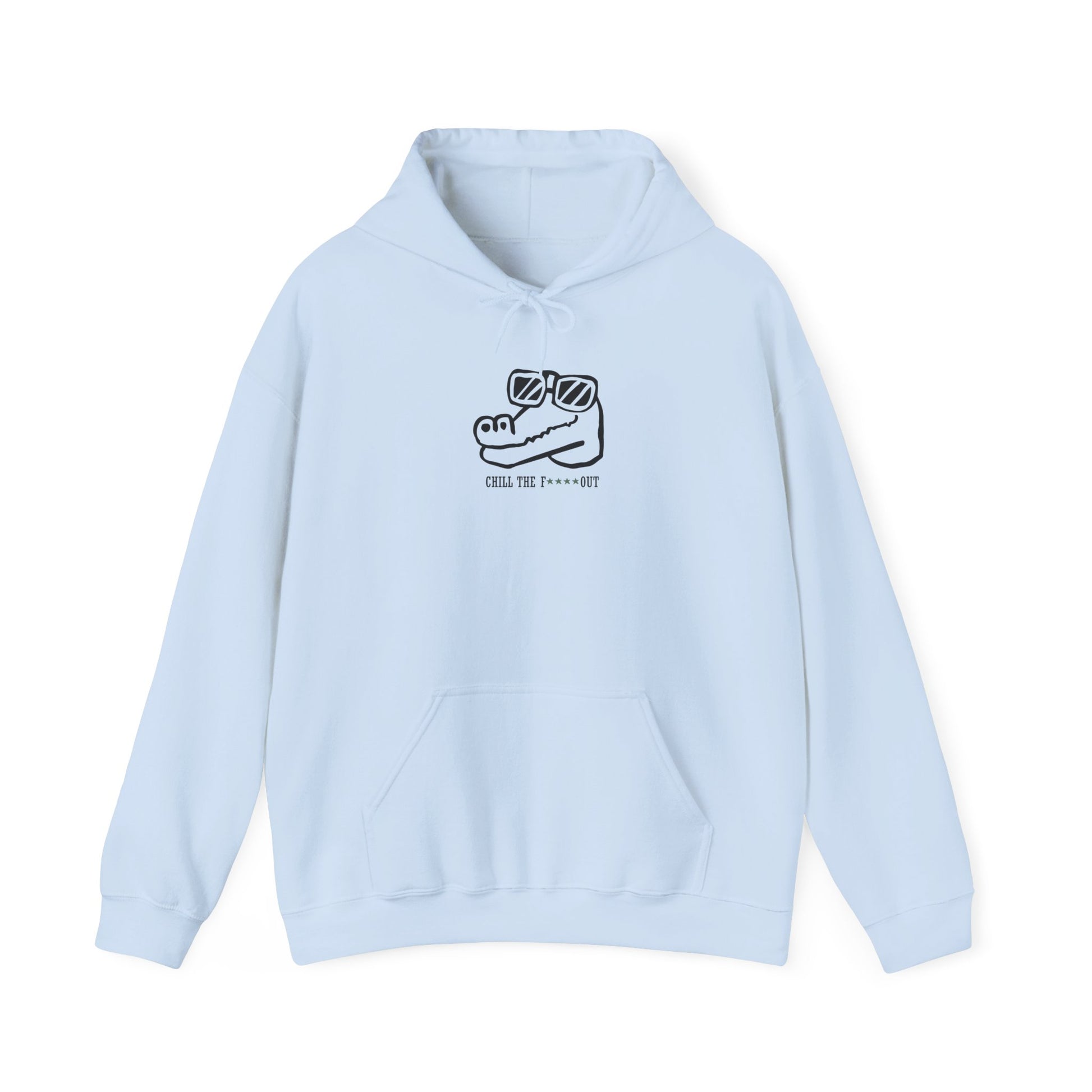 Light blue hoodie with a graphic design on of a croc and the phrase "chill the f out "a white background