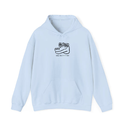 Light blue hoodie with a graphic design on of a croc and the phrase "chill the f out "a white background