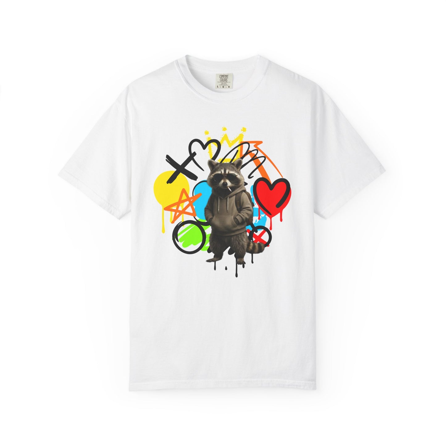 Graffiti Raccoon T-Shirt — Street Art Graphic Tee with Heart & Crown