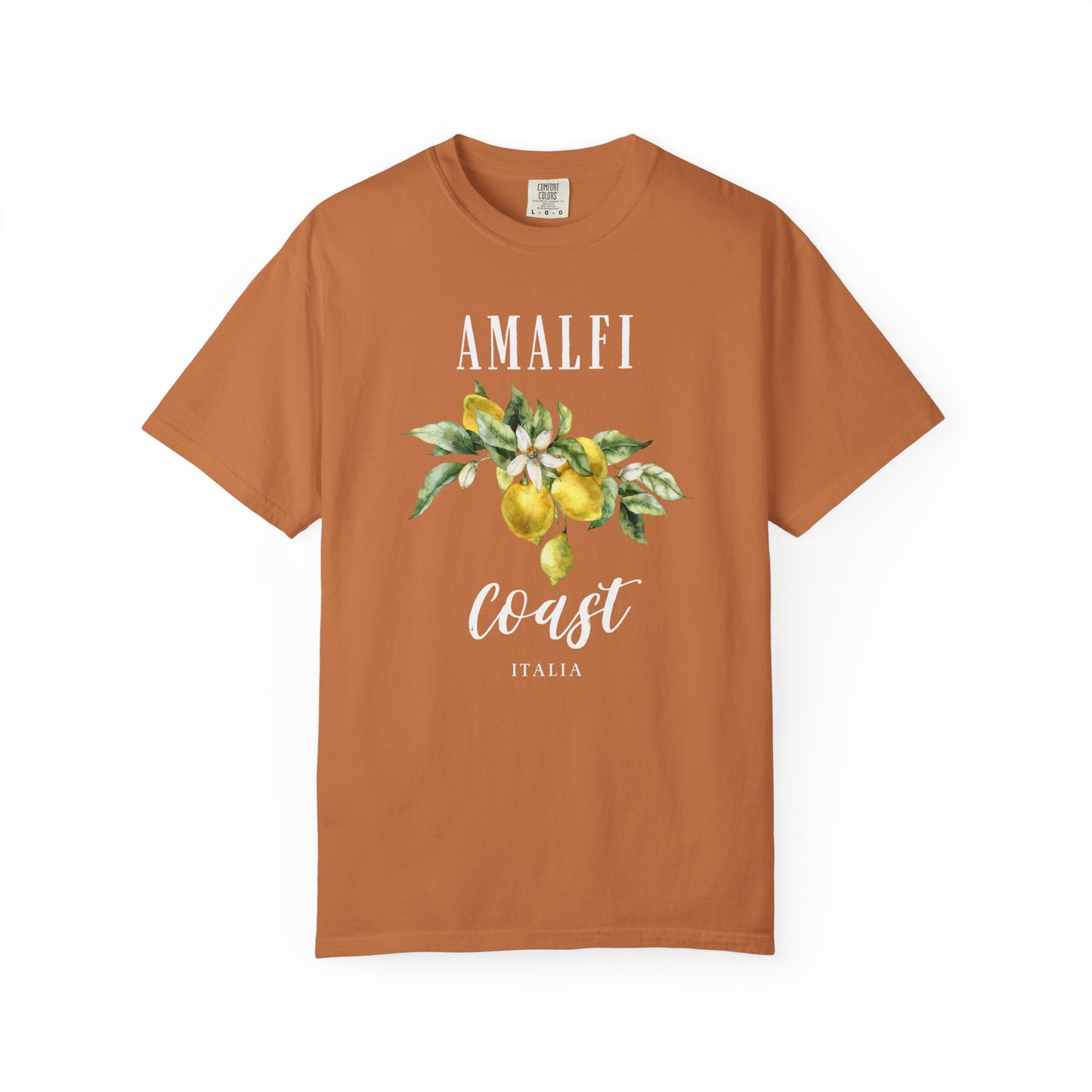 Brown t-shirt with 'Amalfi Coast Italia' text and lemon graphic on a white background