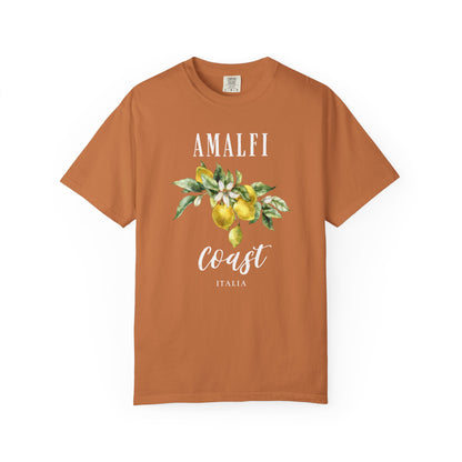 Brown t-shirt with 'Amalfi Coast Italia' text and lemon graphic on a white background