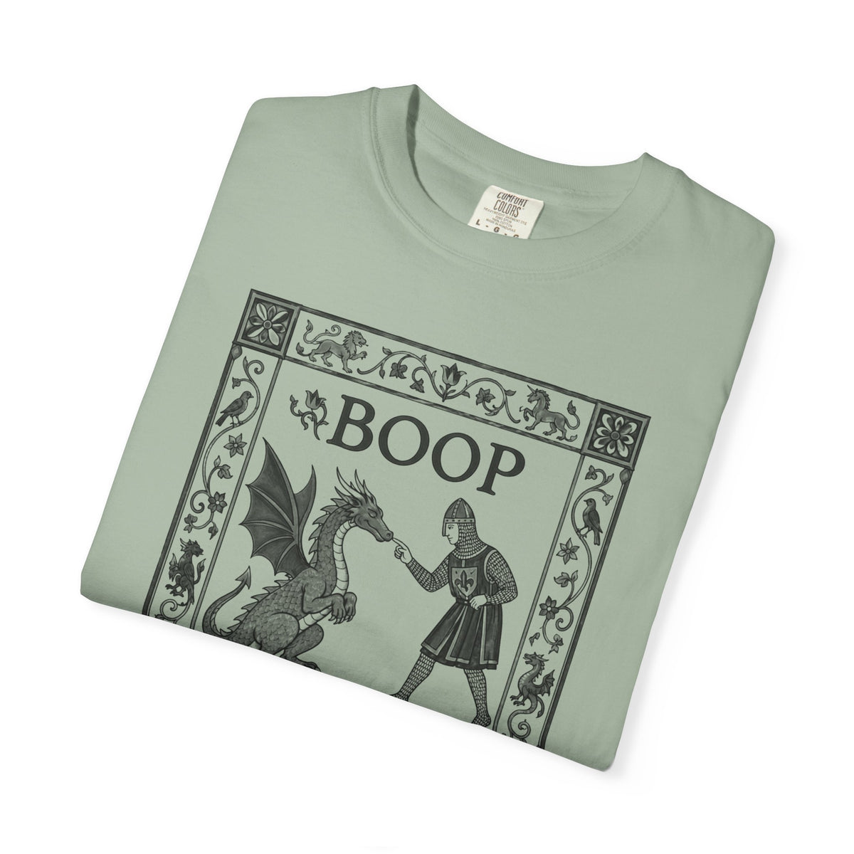 Boop Dragon T-Shirt in Bay — vintage illustration tee featuring an armored knight and winged dragon with ornate border and "BOOP" lettering

