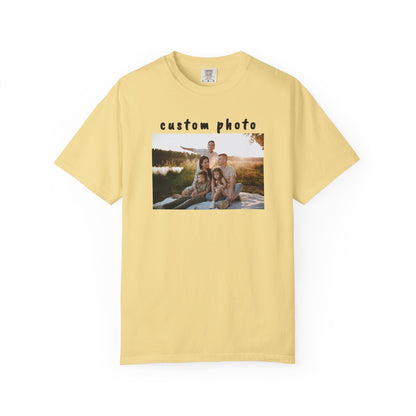bananat-shirt with a printed photo of a family by a lake on a white background