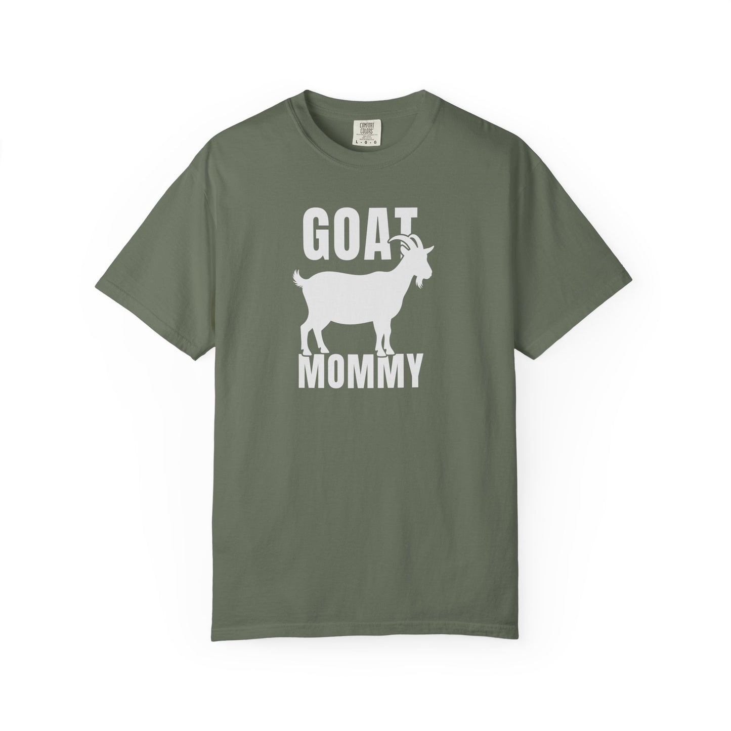 Goat Mommy funny goat mom graphic tee in Moss — Comfort Colors garment-dyed farm mom shirt