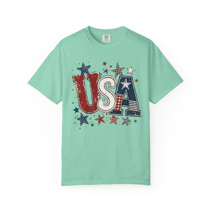 USA Patriotic graphic t-shirt in island reef— garment-dyed unisex tee with distressed stars and stripes

