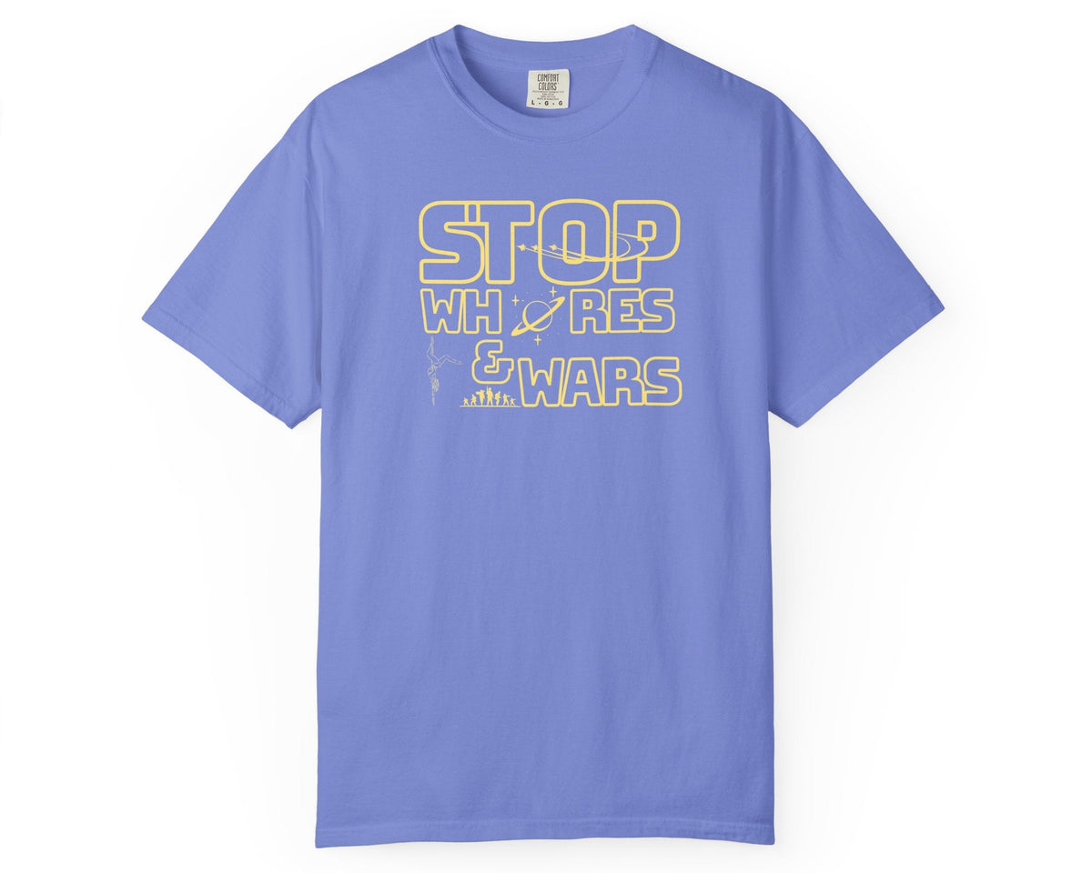  "STOP Wars graphic t-shirt in Flo Blue — heavyweight garment-dyed cotton statement tee"