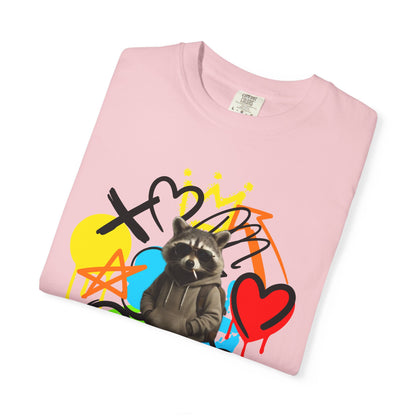 Graffiti Raccoon T-Shirt — Street Art Graphic Tee with Heart & Crown