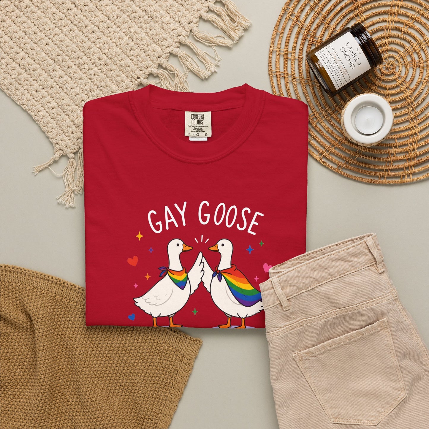 Gay Goose T-Shirt in Red — cute rainbow LGBTQ+ pride tee, garment-dyed Comfort Colors 1717
