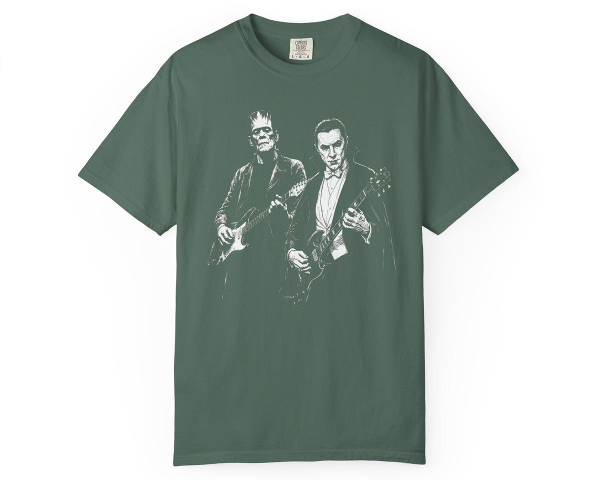 Blue Spruce garment-dyed Frankenstein and Dracula guitar tee with retro Halloween rock band graphic 