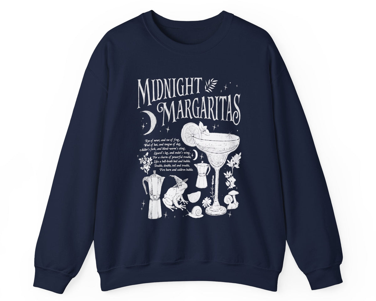 Midnight Margaritas crewneck sweatshirt in Navy — front cocktail graphic and occult cottagecore symbols on back, including COEXIST