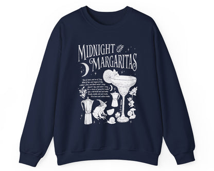 Midnight Margaritas crewneck sweatshirt in Navy — front cocktail graphic and occult cottagecore symbols on back, including COEXIST